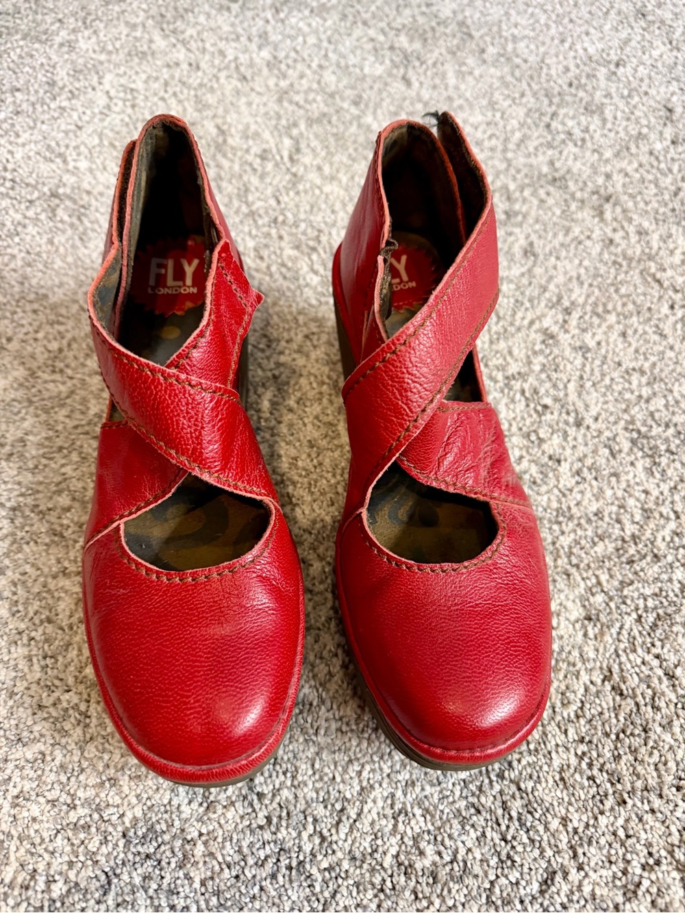 Fly London Women's Red Leather Crisscross Strap Heels